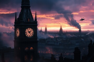 . A moody cityscape with a prominent clock tower and soft pink and orange tones in the sky.