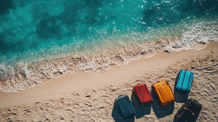 Top view tourists' suitcases are lying on the beach. --ar 16:9 