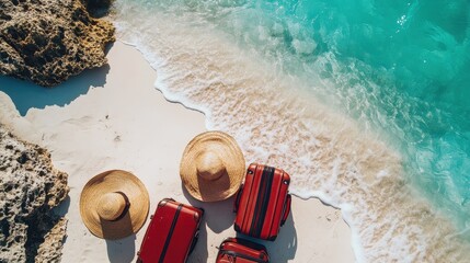 Top view tourists' suitcases are lying on the beach. --ar 16:9 