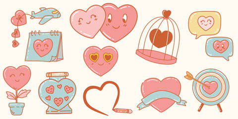 Cute heart shape emoticons hand drawn icons stickers for valentine's day
