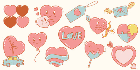 Cute heart shape emoticons hand drawn icons stickers for valentine's day