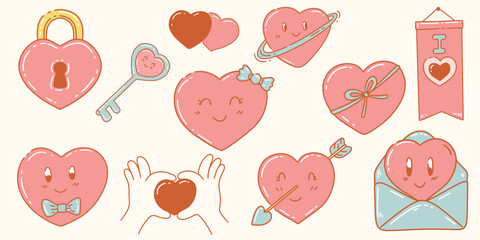 Cute heart shape emoticons hand drawn icons stickers for valentine's day