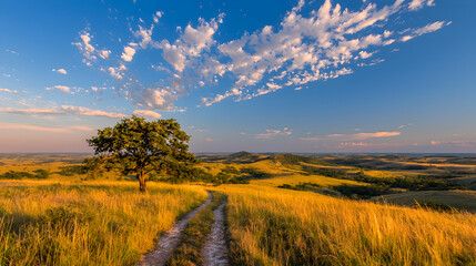 Obraz premium Lone tree on hilltop road, golden sunset, rolling hills