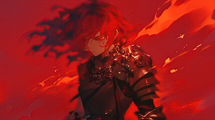 anime warrior woman in red background