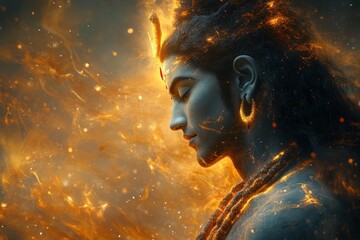 Serene Shiva, fire background, spiritual art, religious imagery