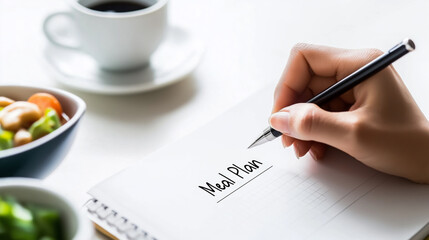 Person writing MEAL PLAN text in notebook with healthy food and coffee on table