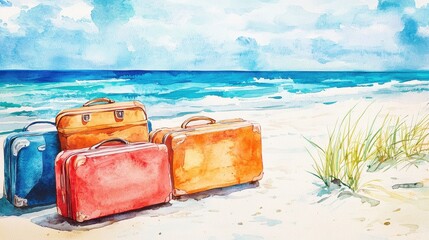 Tourists' suitcases are lying on the beach, theme watercolor Triadic Color Scheme. 
