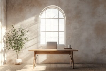 3D render of a minimalist workspace with a desk near an arch window and grungy wall textures. =