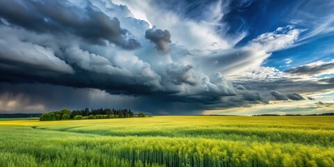 Obraz premium Dark grey storm clouds gather over a green wheat field with scattered yellow wildflowers, against a bright blue sky with few white fluffy clouds , field, rural