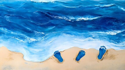 Fototapeta premium Tranquil Beach Scene with Footprints in Soft Sand and Blue Waves