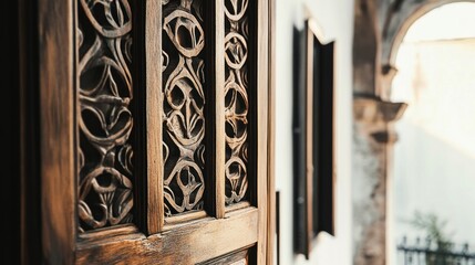 Intricate carved wooden door, courtyard, sunlight, historic building, travel blog
