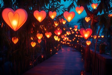 A romantic pathway illuminated by heart-shaped lanterns in a serene evening setting.