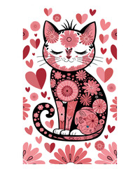 Floral Cat Design with Heart Accents