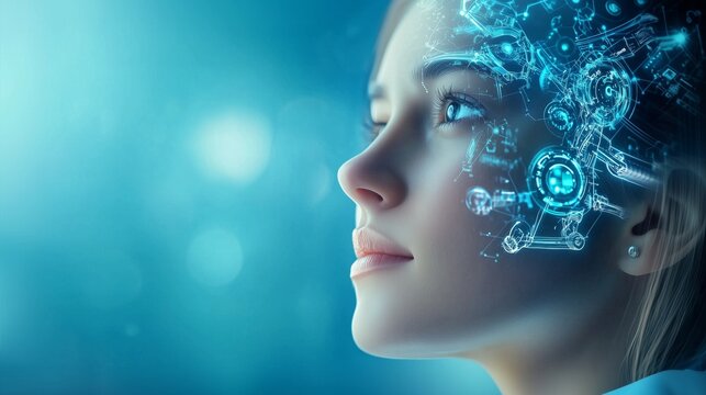 A young woman gazes thoughtfully with digital interfaces projected on her profile. The blue background enhances the futuristic feel, blending technology and contemplation.