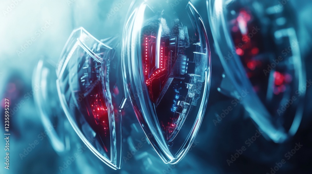 Poster futuristic technology display featuring glowing red elements in a sleek, high-tech environment