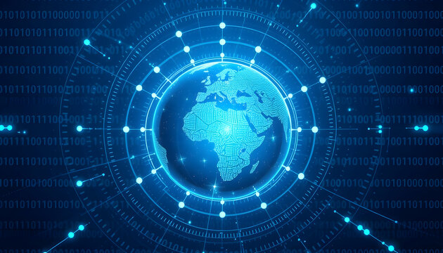 digital globe, Earth, hologram, blue technology background, binary code, futuristic interface, global network, data connections, circular design, glowing nodes, cybersecurity concept, digital transfor