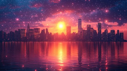 Fototapeta premium Magical NYC sunset, starry sky, cityscape reflection