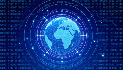digital globe, Earth, hologram, blue technology background, binary code, futuristic interface, global network, data connections, circular design, glowing nodes, cybersecurity concept, digital transfor