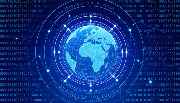 digital globe, Earth, hologram, blue technology background, binary code, futuristic interface, global network, data connections, circular design, glowing nodes, cybersecurity concept, digital transfor - Powered by Adobe
