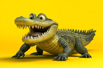 Fototapeta premium crocodile on a yellow background, crocodile on a blank yellow background, a crocodile, crocodile, cute crocodile, yellow background, Copy Space For Add Text 3D Rendering, 3D, Vector, AI Generative