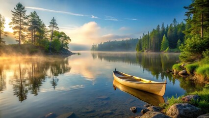 Obraz premium Canoe on serene Boundary Waters lake shore with misty morning atmosphere and lush greenery in northern Minnesota wilderness landscape, peaceful lakeside scenery, boat on a lake