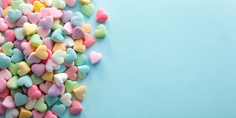 Obraz premium A bouquet of colorful Lovehearts candies scattered on a light blue background with soft pastel hues