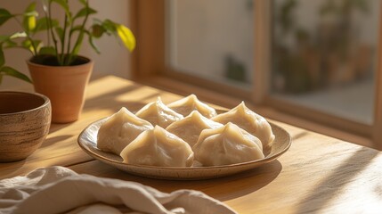 Freshly Made Dumplings on a Wooden Table with Natural Light