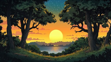 Serene Sunset View Framed By Majestic Trees Over Water