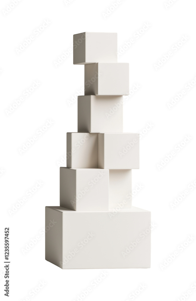 Poster stacked white geometric cubes arranged in a balanced vertical structure, showcasing minimalistic and