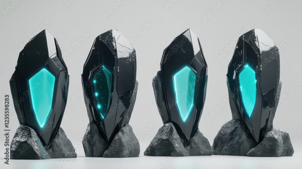 Poster futuristic crystal formations with glowing elements on a minimalistic background