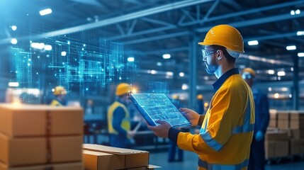 A warehouse worker in protective gear checks inventory data on a tablet. Digital graphics hover above, illustrating modern technology and data management.