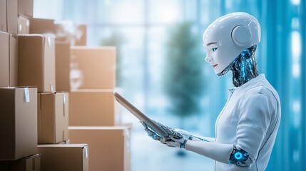 A humanoid robot with a sleek design is inspecting a digital tablet while standing next to stacks of cardboard boxes in a bright, spacious warehouse.