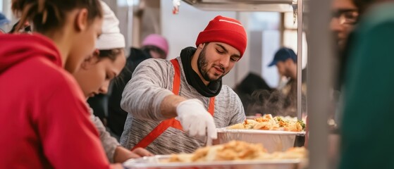 A volunteer serves food in a communal setting, showcasing teamwork and compassion among individuals in a warm, inviting atmosphere.