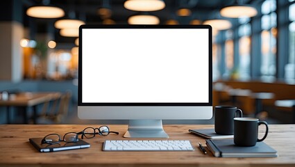 desktop computer monitor with a blank white screen on a wooden desk. The monitor is placed in the center of the desk and is facing towards the right side of the image.