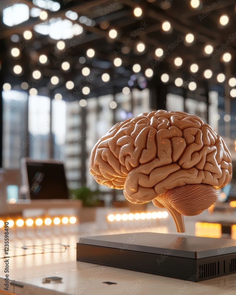 Poster a detailed model of a human brain is displayed in a modern workspace, illuminated by soft lights, sy