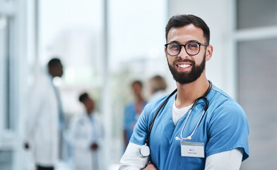Portrait, man and nurse with confidence at hospital for healthcare services, medical advice and...