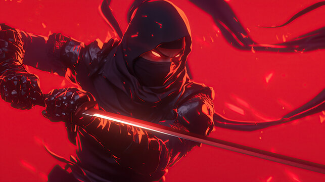 ninja with katana isolate red background