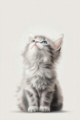 Cute Fluffy Kitten with Blue Eyes Looking Upwards