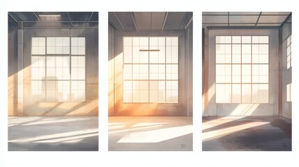 Sunlit Industrial Interior Three Variations of Spacious Loft Windows