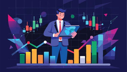Fototapeta premium Futuristic Digital Businessman Analyzing Stock Market Growth with Holographic Candlestick Charts and Low Poly Wireframe Design
