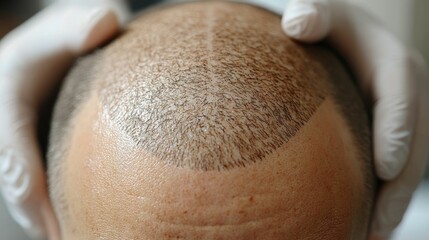 Naklejka premium hands of surgeon in medical gloves touching man's head after hair transplant, treatment of alopecia by transplanting own hair
