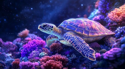 Fototapeta premium Colorful turtle swimming through coral reef.