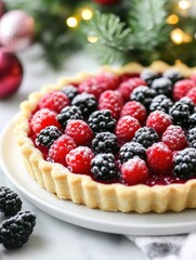 A beautifully arranged berry tart with raspberries and blackberries on a festive table setting