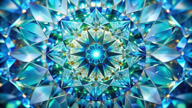Close-up detail of a diamond with intricate kaleidoscope patterns surrounding it, revealing shades of blue and green hues under the light, closeup, diamond