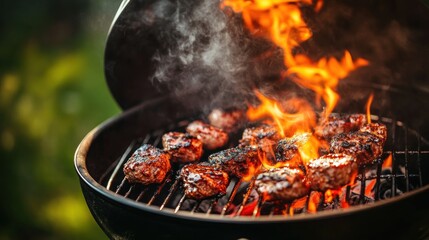 Backyard BBQ grilling burgers, flames ablaze, summer feast