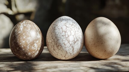 Three textured eggs on wood, sunlit garden background, Easter decoration