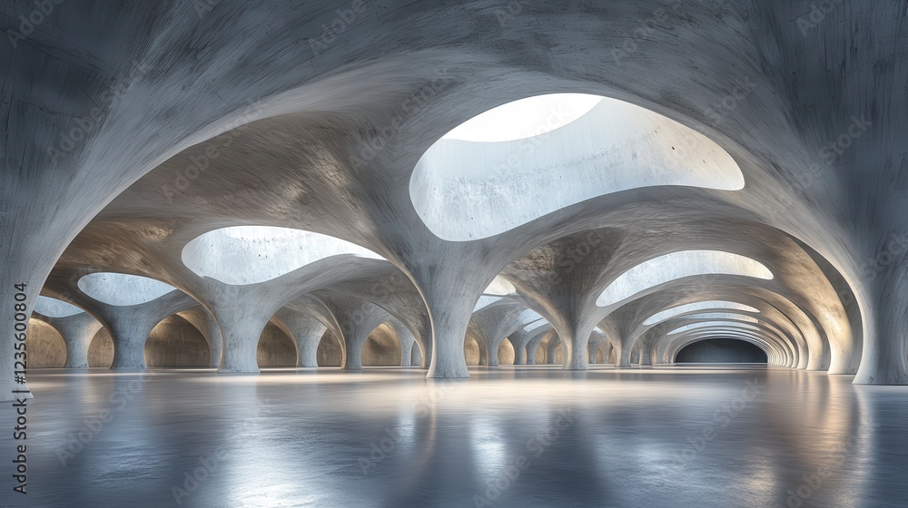 Poster abstract architectural rendering of a vast, cavernous interior space with numerous curving concrete 