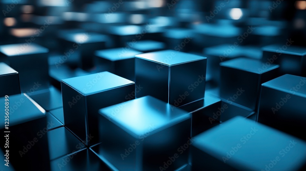Poster abstract background of dark blue metallic cubes with varying depths of field and lighting, creating 