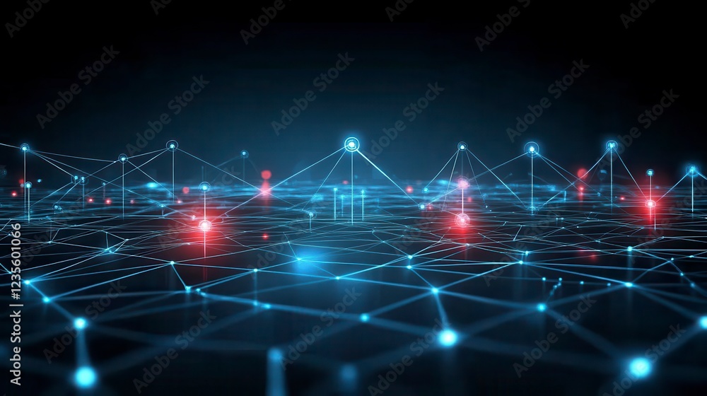 Poster abstract digital landscape with glowing blue and red nodes connected by lines, creating a futuristic