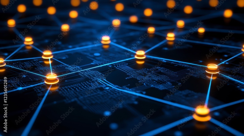 Poster abstract network visualization with glowing orange nodes connected by blue lines on a dark blue back